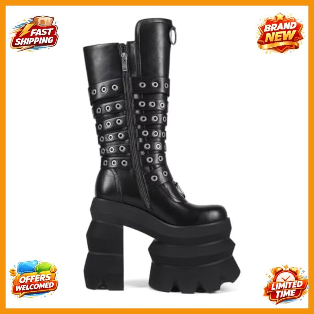 Platform Heel Mid-Calf Boots with Buckle Detail, Synthetic Leather, Wide Calf - Picture 5 of 7